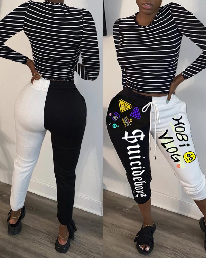 

Striped Colorblock Top & Letter Cartoon Print Pants Set, Black