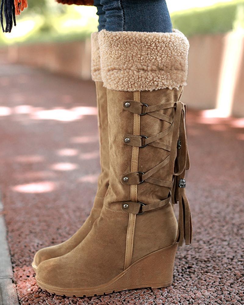 

Fuzzy Detail Lace-up Tassel Design Wedge Calf Boots, Brown