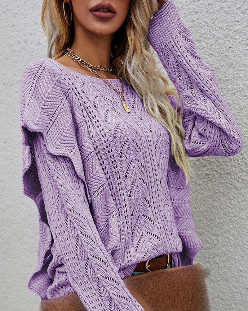 

Long Sleeve Ruffle Hem Hollow-out Sweater, Purple