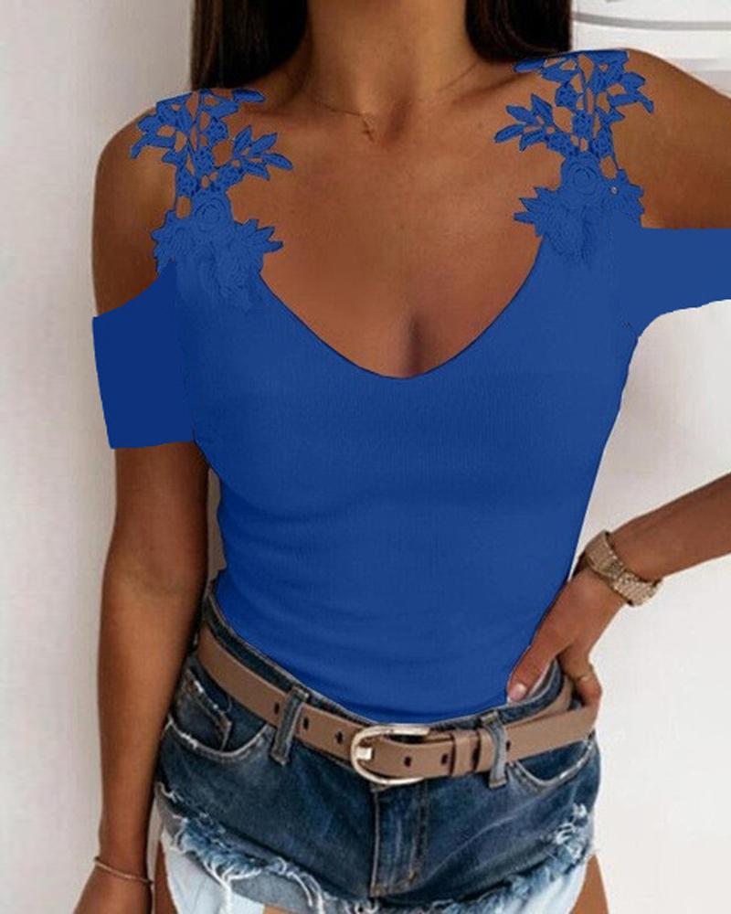

Contrast Lace Cold Shoulder Top, Blue