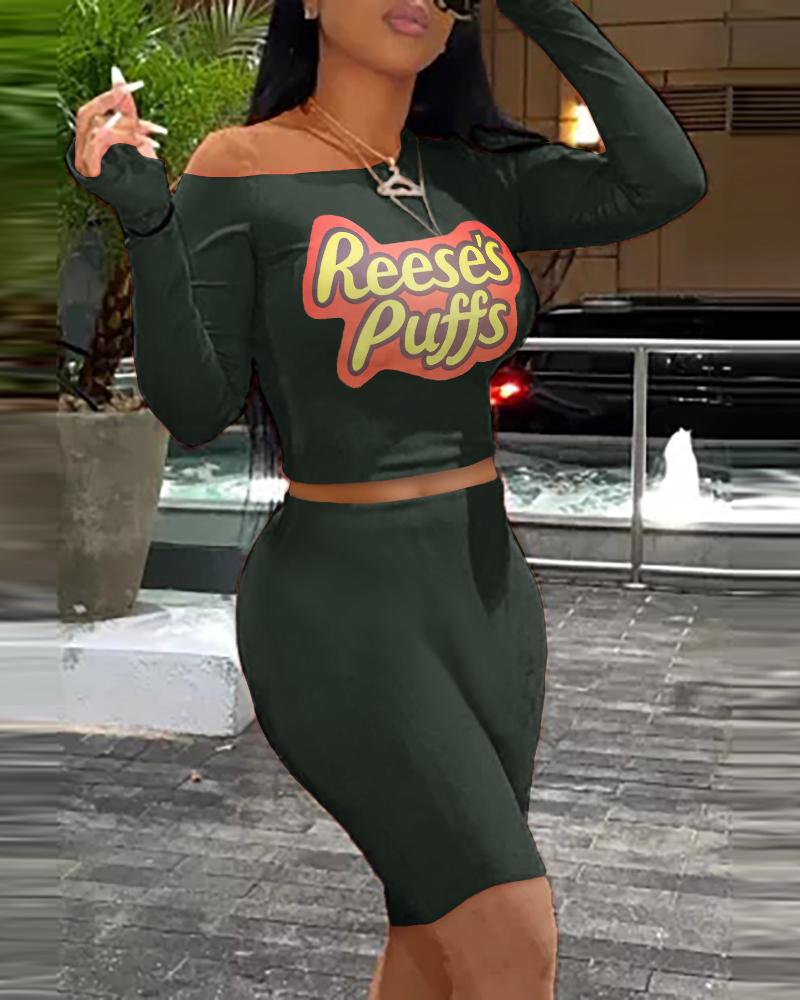

Letter Print Long Sleeve Top & High Waisted Plain Shorts Set, Green