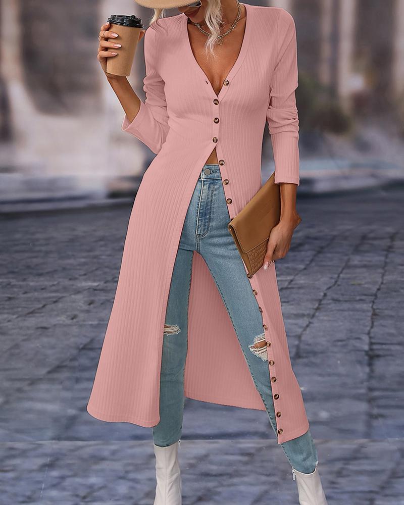 Long Sleeve Buttoned Ribbed Longline Coat