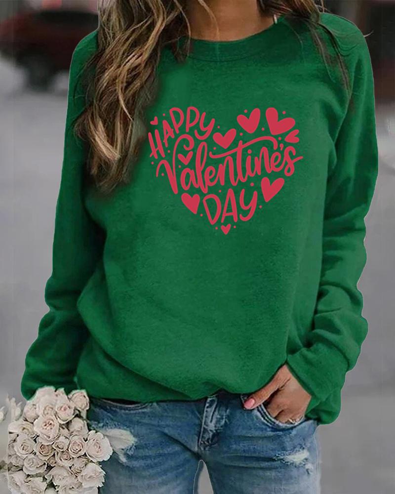 

Valentine' Day Heart Letter Print Long Sleeve Top, Green