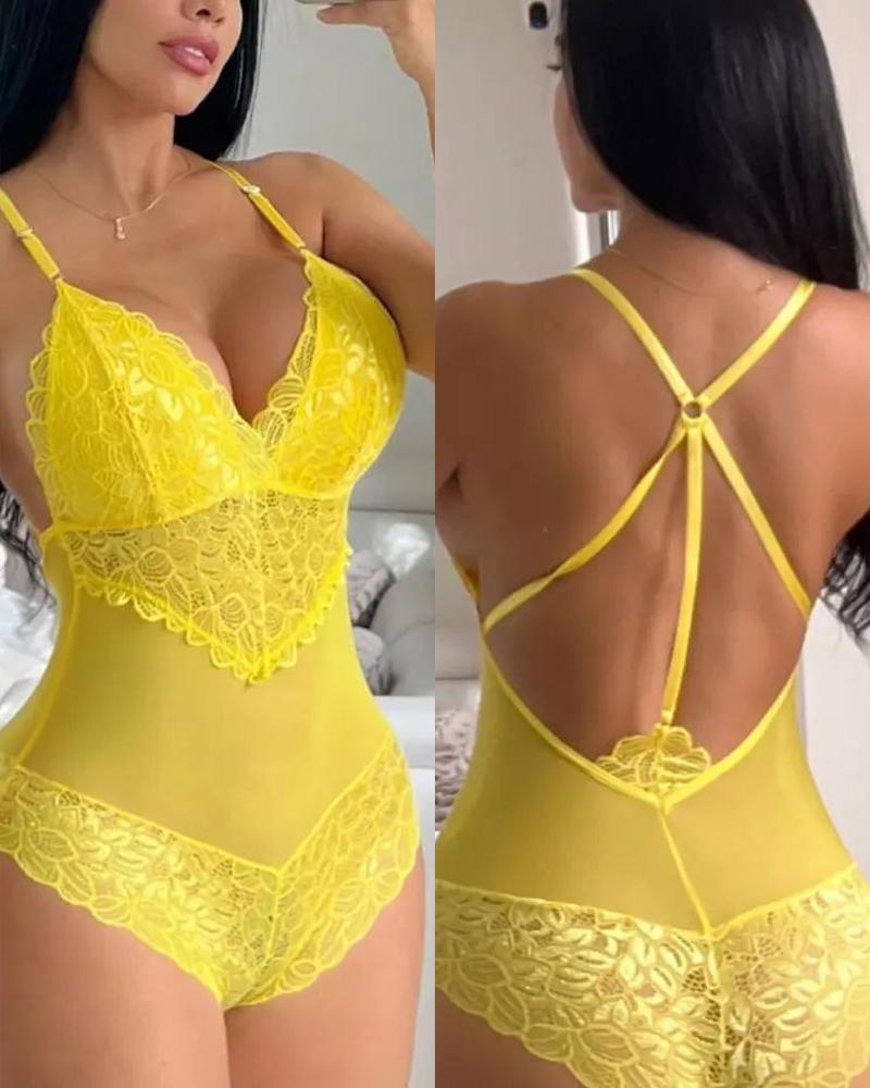 

Crochet Lace Multi-Strap Backless Teddy, Yellow