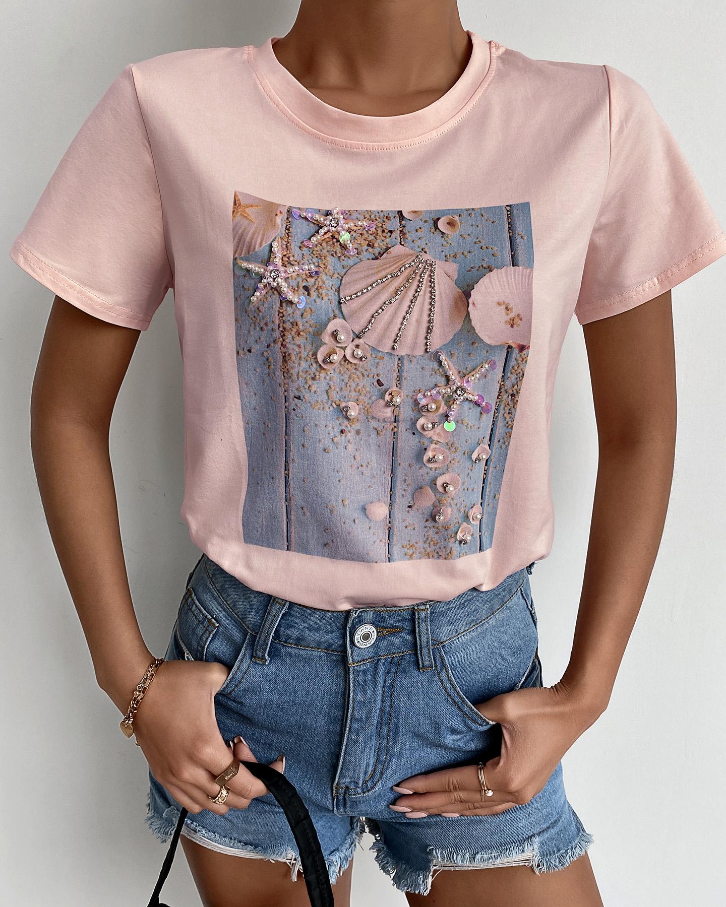 

Graphic Print Studded Short Sleeve T-Shirt, Pink