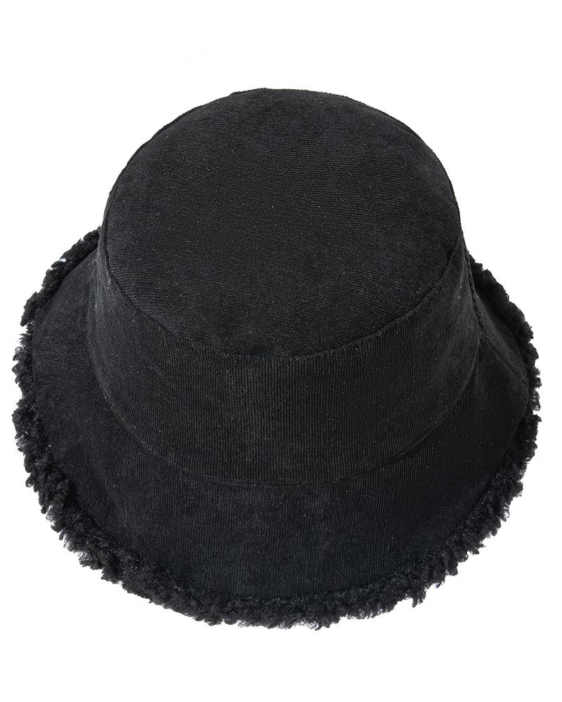 

Fleece Lined Reversible Style Fuzzy Detail Bucket Winter Hat, Black