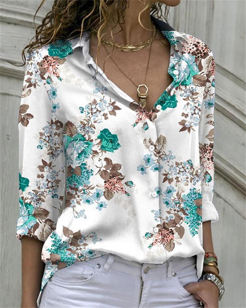 

Floral Print Long Sleeve Button Down Shirt, Green