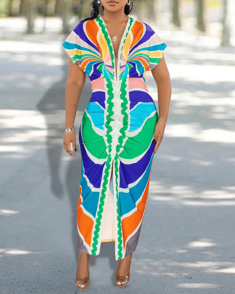 

All Over Print Cap Sleeve Maxi Dress, Multicolor