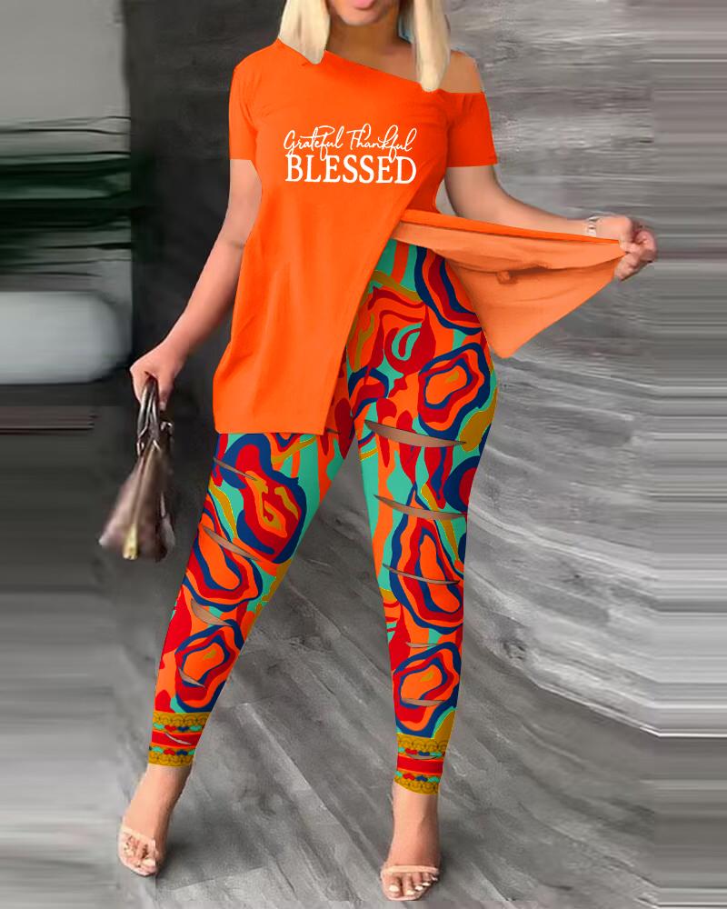 

Plus Size Grateful Thankful Blessed Multi-Color Abstract Print Top & Pants Set, Orange