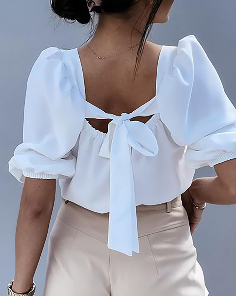 

Square Neck Tied Detail Puff Sleeve Blouse, White