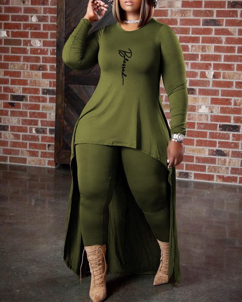 

Plus Size Letter Pattern Dip Hem Top & Pants Set, Green
