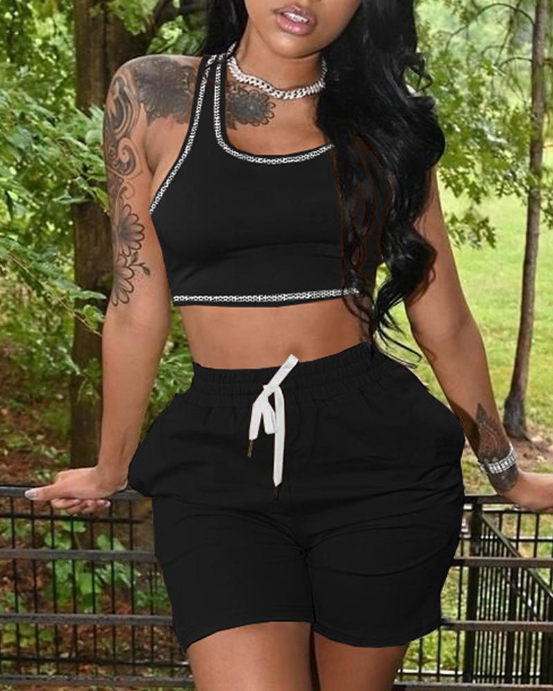 

Contrast Stitching Crop Tank Top & Drawstring Shorts Set, Black