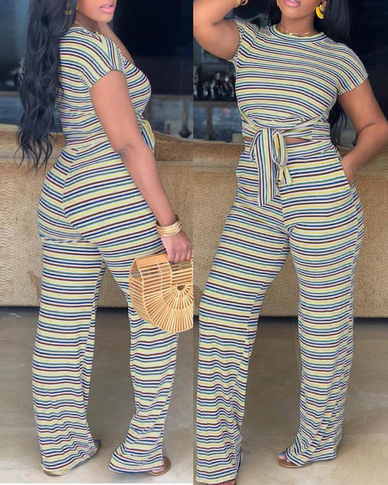 

Striped Colorblock Knotted Top & Pants Set, Yellow