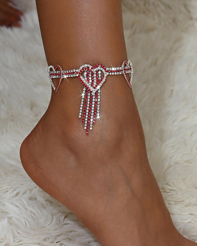 

Rhinestone Heart Tassel Anklet Glitter Crystal Fringe Ankle Bracelet, Red