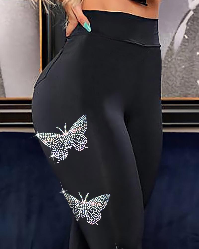 Pantalones pitillo de cintura alta con patrón de mariposa de diamantes de imitación