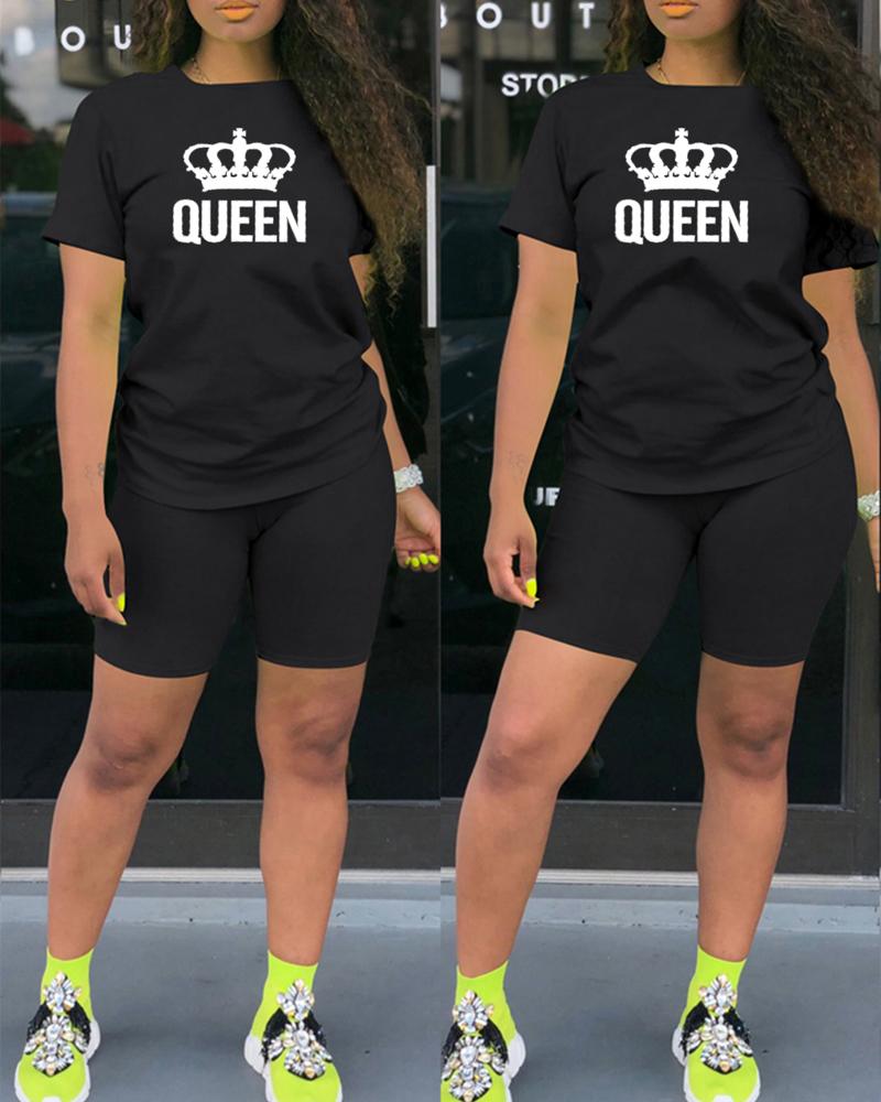

Letter Crown Print Casual Top & Shorts Set, Black