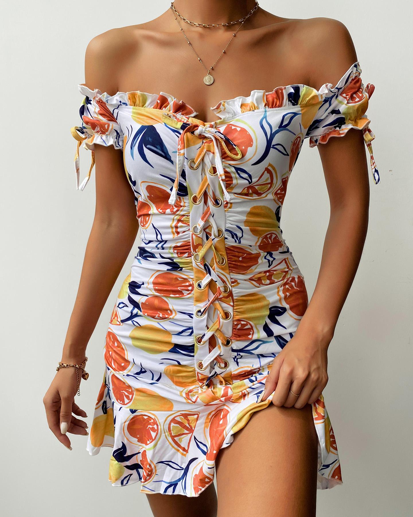 

Off Shoulder Fruit Print Eyelet Lace-up Dress, Yellow