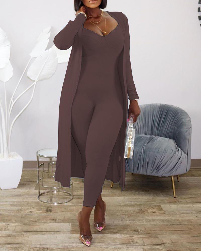 

Ribbed Plain Skinny Jumpsuit & Longline Coat Set, Coffee