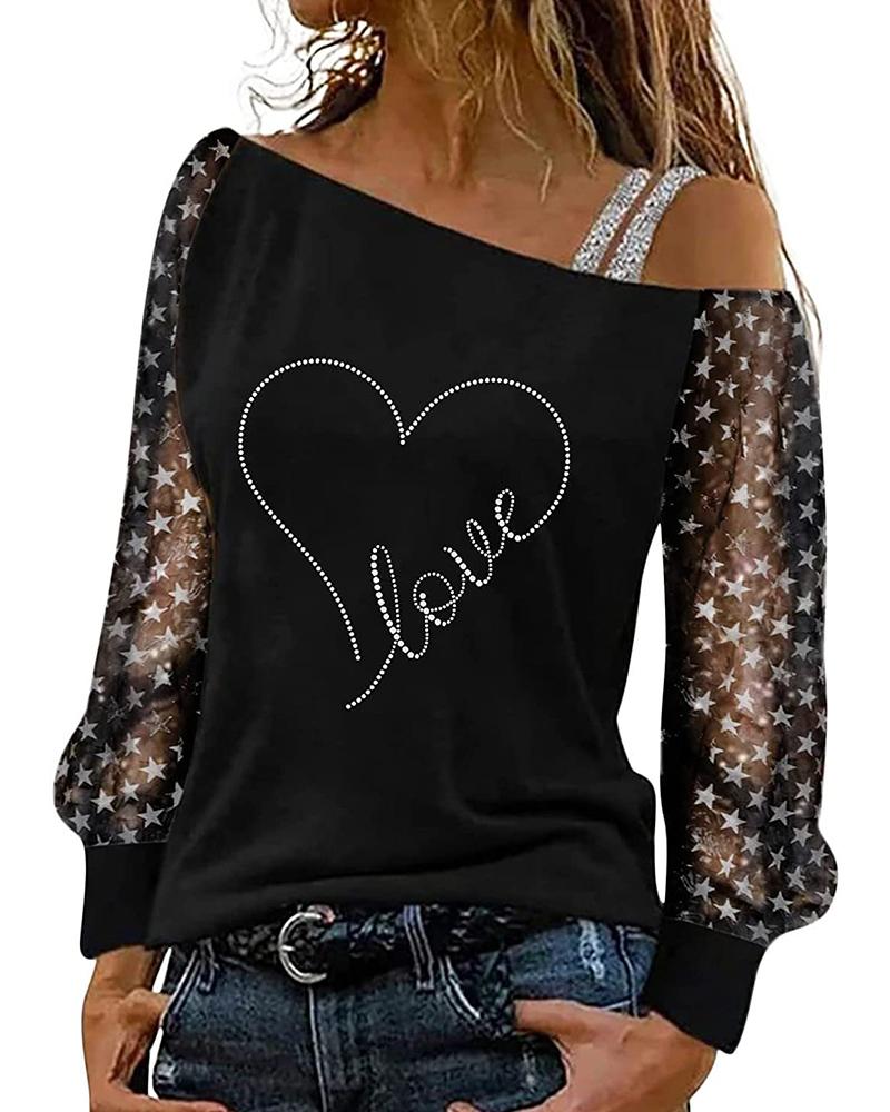 

Lantern Sleeve Star Mesh Rhinestone Decor Top, Style1