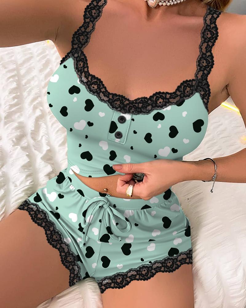 

Colorblock Heart Print Lace Trim Cami Set, Green