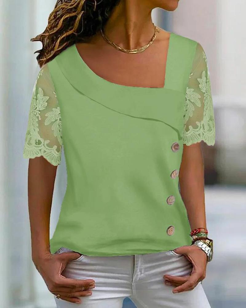 

Asymmetrical Neck Buttoned Lace Patch Blouse, Green