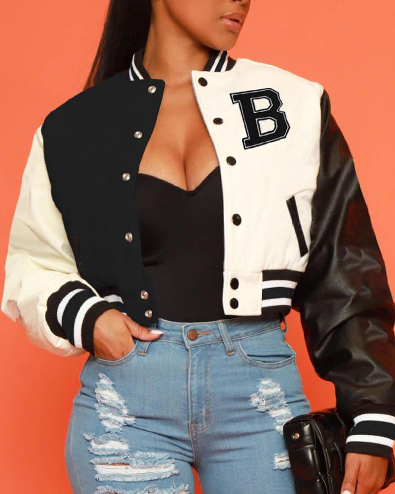 

Plus Size Colorblock Letter Patch Long Sleeve Baseball Jacket, Black