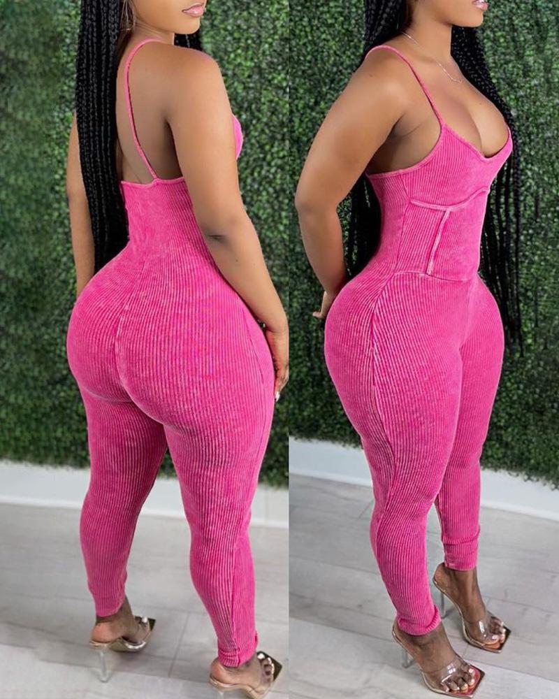 

Ribbed Backless Spaghetti Strap Corset Jumpsuit, Hot pink