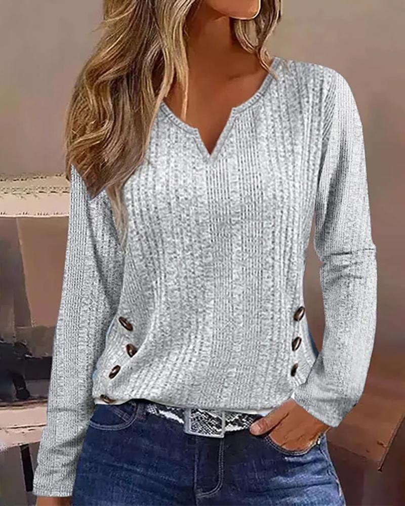 

Notch Neck Long Sleeve Buttoned Top, Gray
