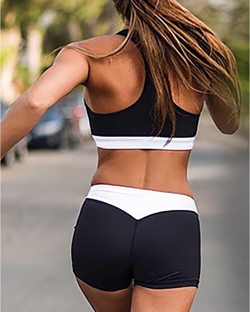 

Colorblock U Neck Sleeveless Crop Top & High Waist Shorts Set, Black