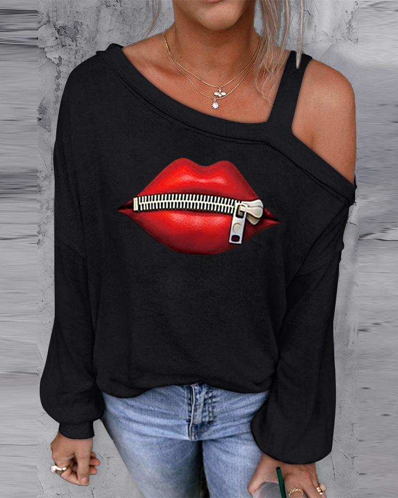 

Lip Print Cold Shoulder Casual Top, Black