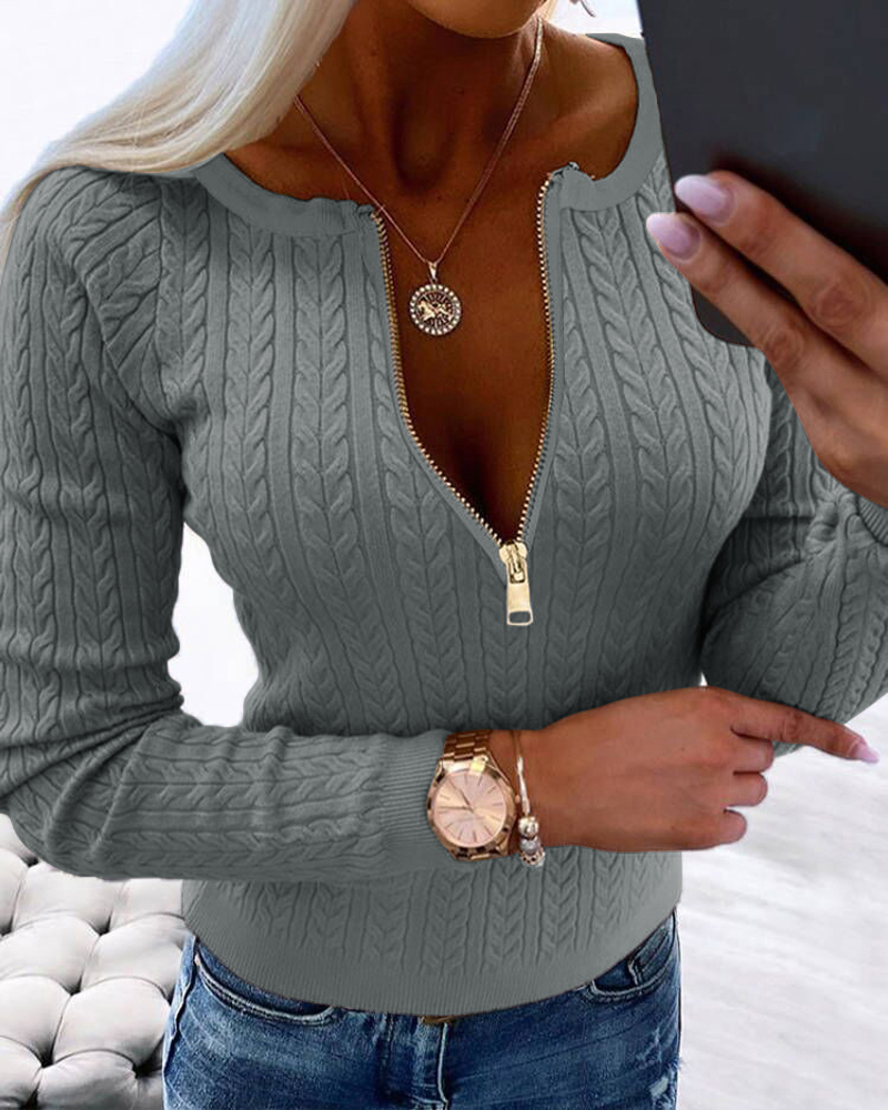 

Pull ras du cou en maille torsadée à demi-fermeture éclair et coupe slim, Gray