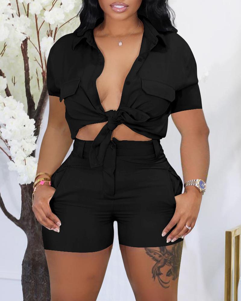 

Pocket Design Buttoned Top & Shorts Set, Black