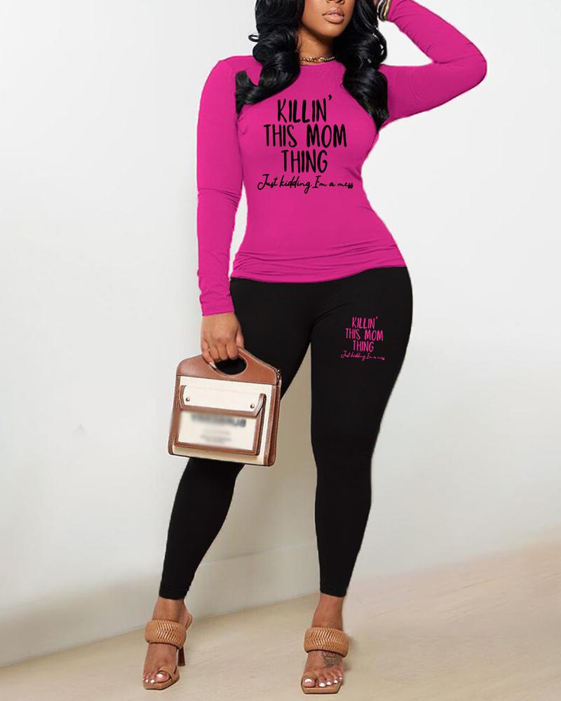 

Plus Size Letter Print Long Sleeve Casual Top & Pants Set, Hot pink