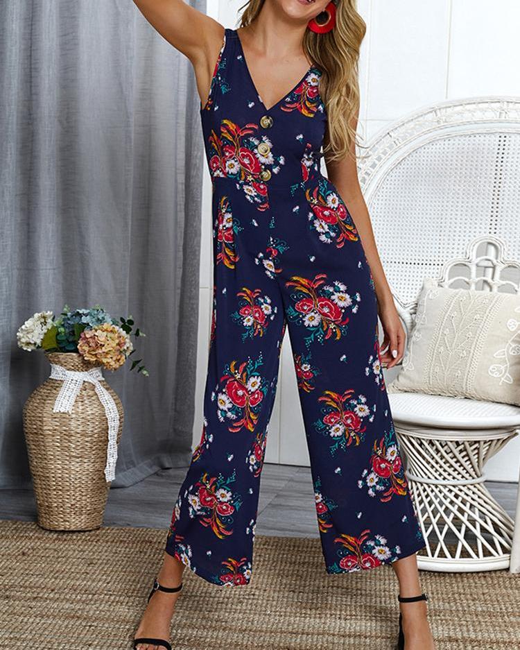 

Floral Print Knotted Back Jumpsuit, Dark blue