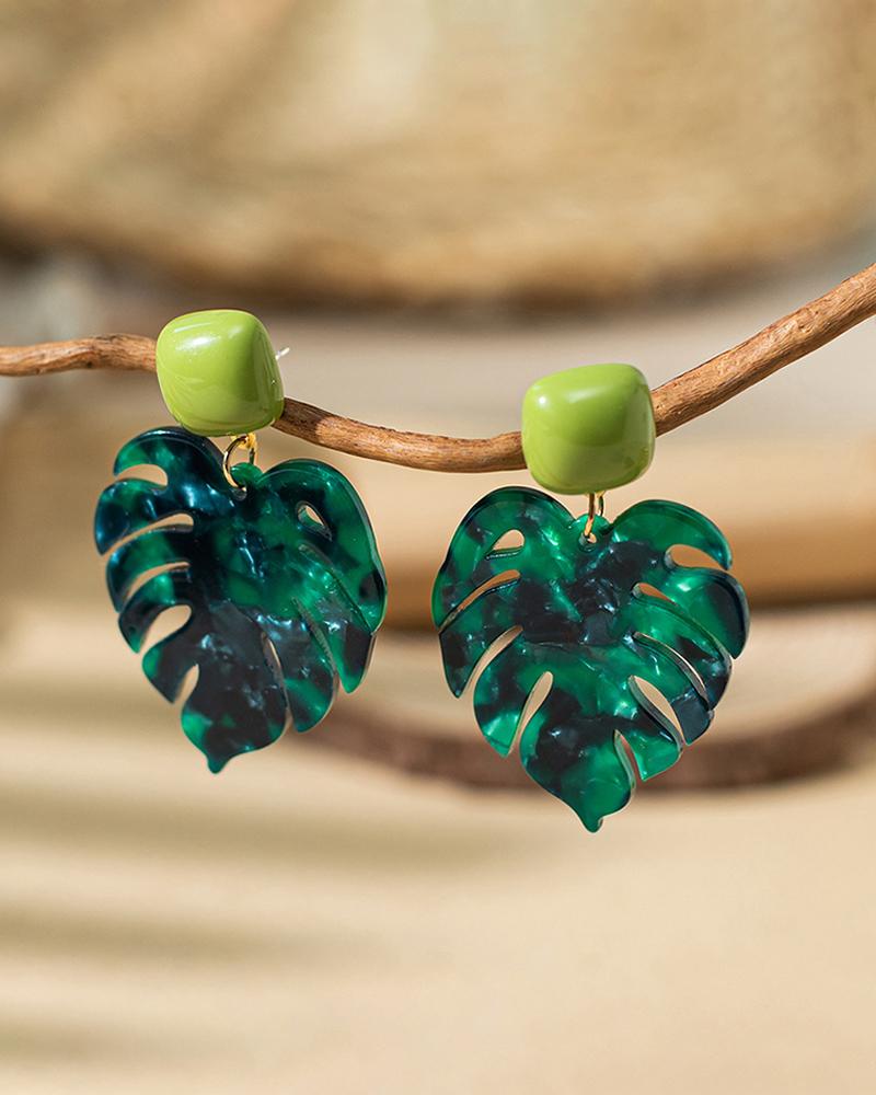 

3Pairs Tropical Palm Leaf Pattern Drop Stud Earrings Set, Green