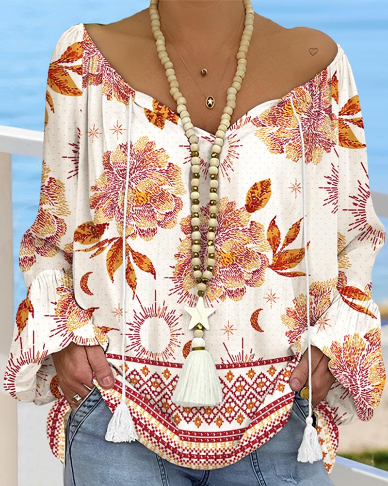 

Tribal Print Tassel Design Lantern Sleeve Shirred Blouse Casual Top, Orange