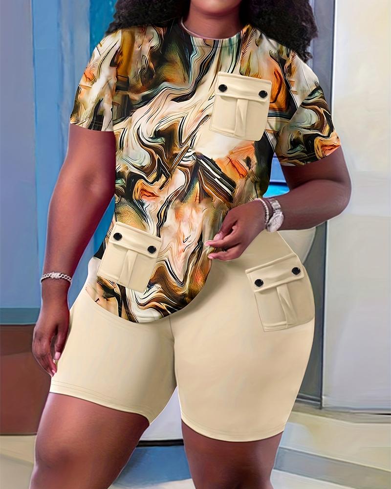 

Plus Size Pocket Button Design Top & Shorts Set, Apricot