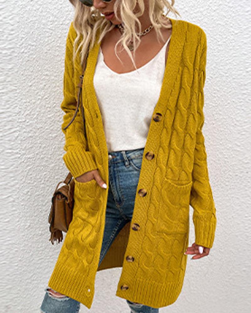 

Long Sleeve Button Up Cable Knit Cardigan, Yellow
