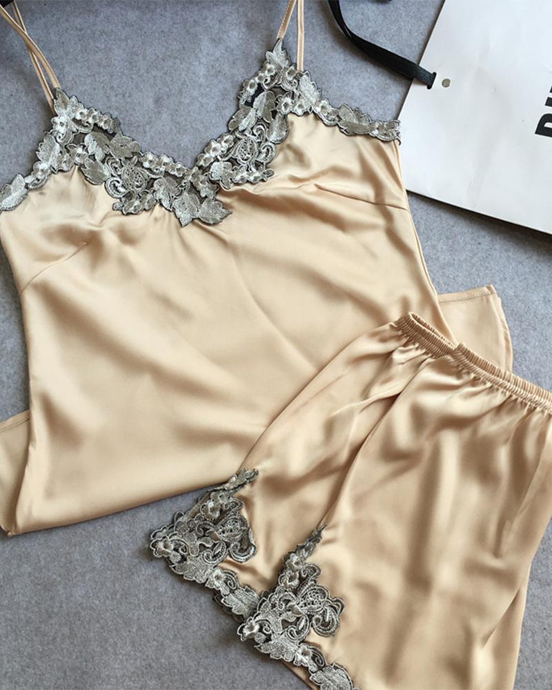 

Contrast Lace Cami Top & Shorts PJ Set, Champagne