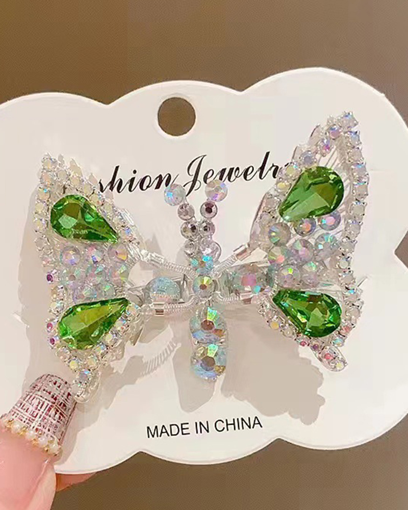 

1pc Crystal Stone Decor Flying Butterfly Childern Hair Clip, Green