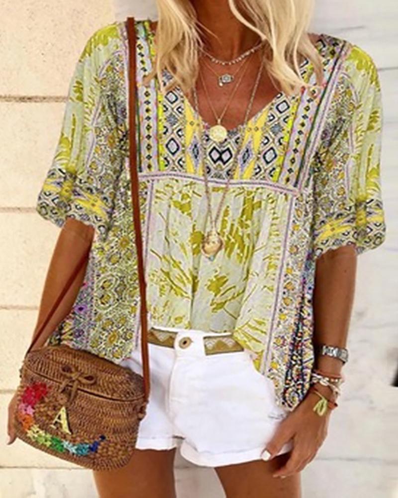 

Allover Tribal Print Half Sleeve T-shirt, Yellow