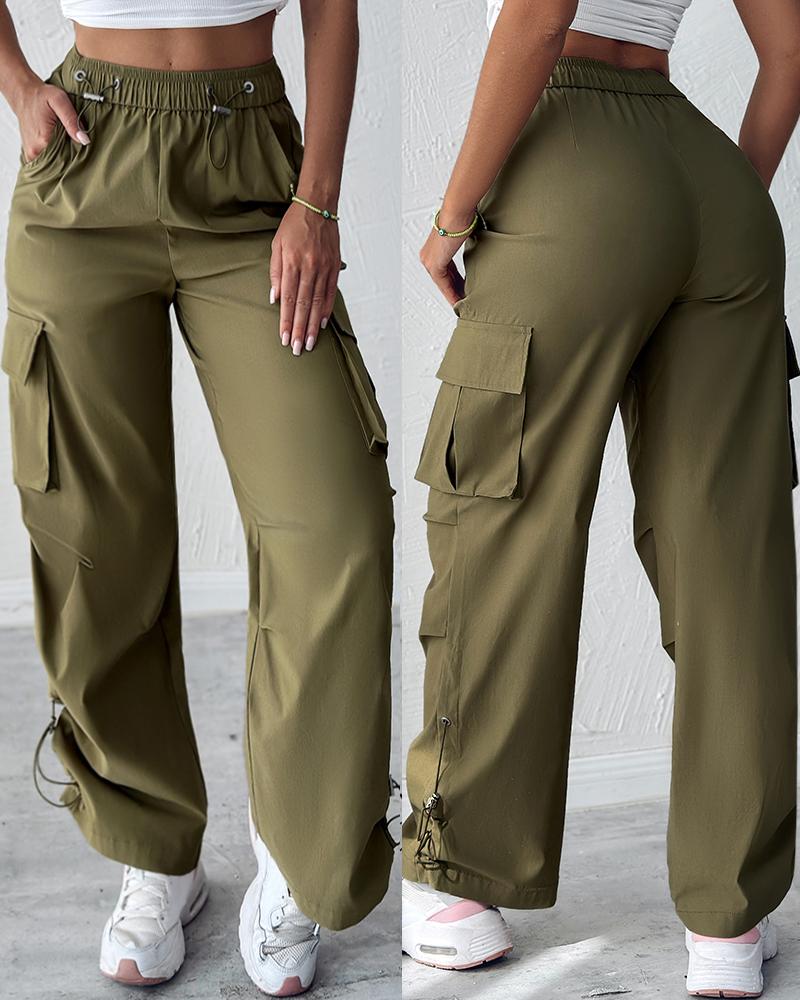 

Pocket Design Drawstring Cargo Pants, Army green