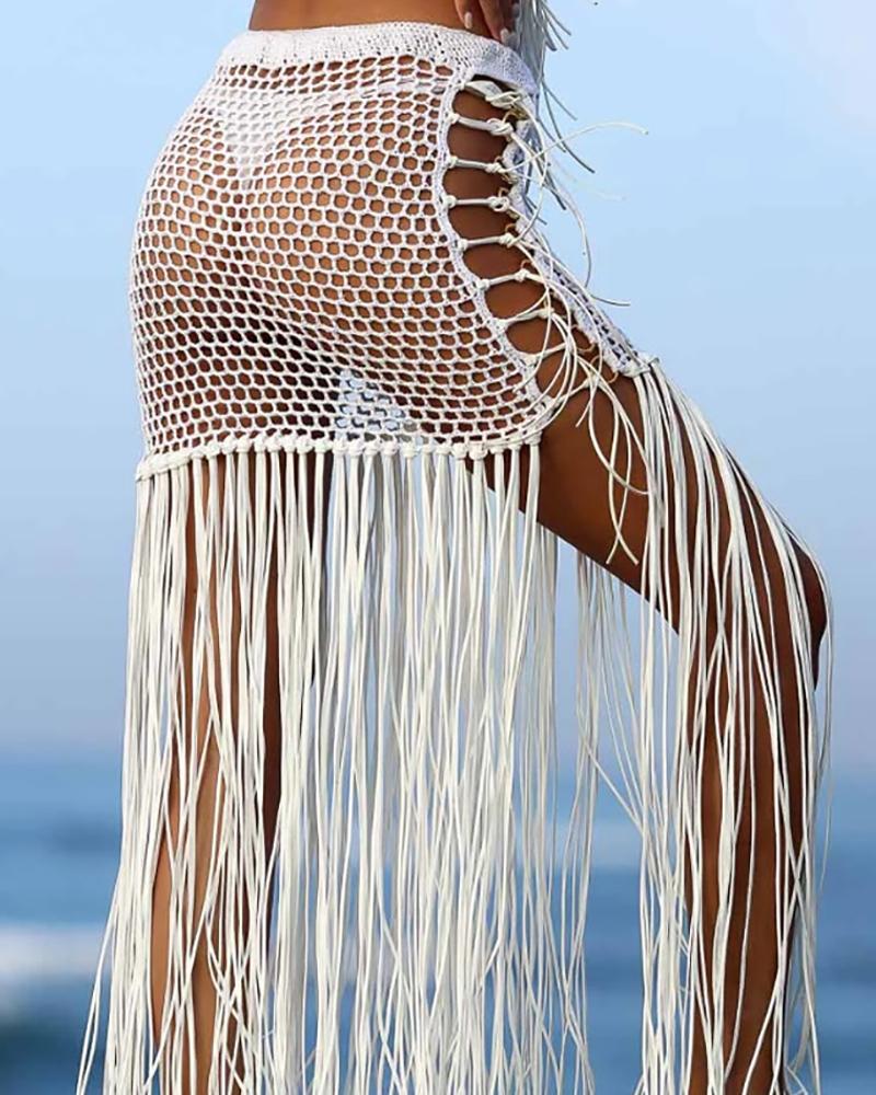 

Hollow-Out Tassel O-Ring Crochet Bohemian Cover Up Skirt, White