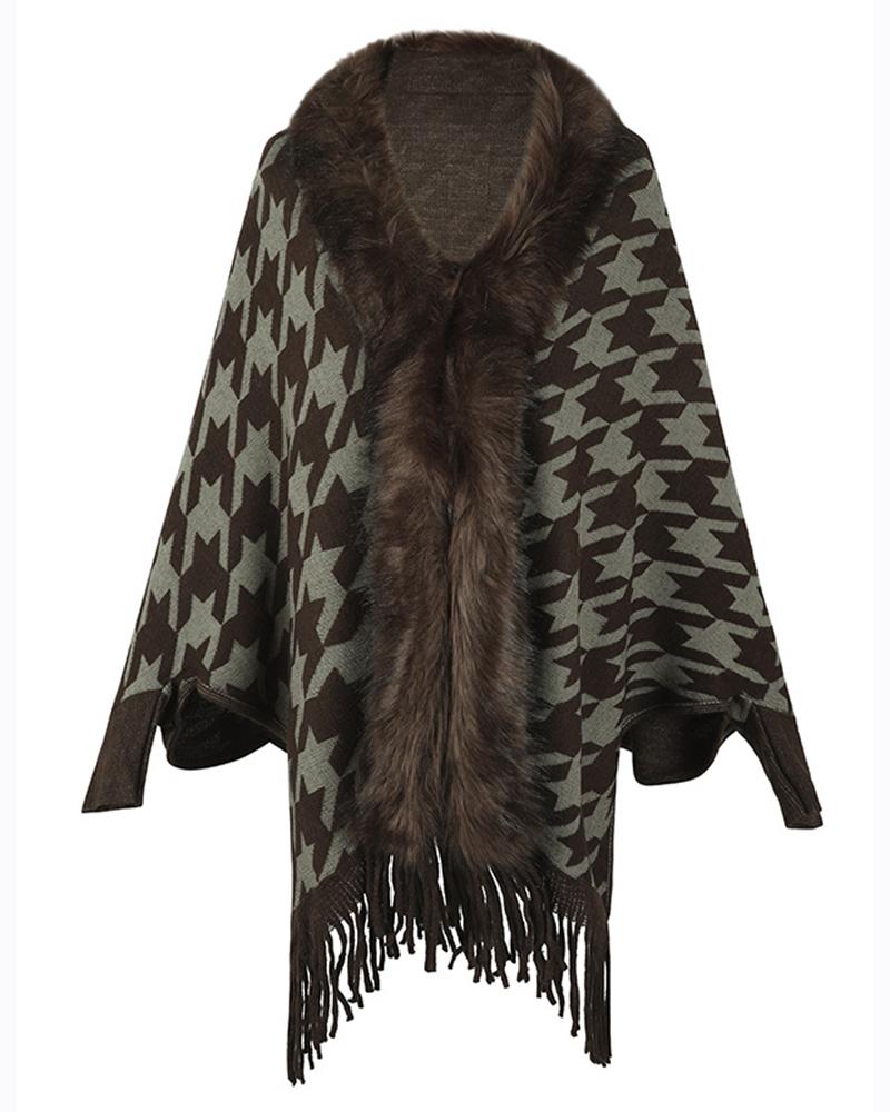 

Houndstooth Print Fringe Hem Faux Fur Patch Poncho Knit Cardigan, Coffee