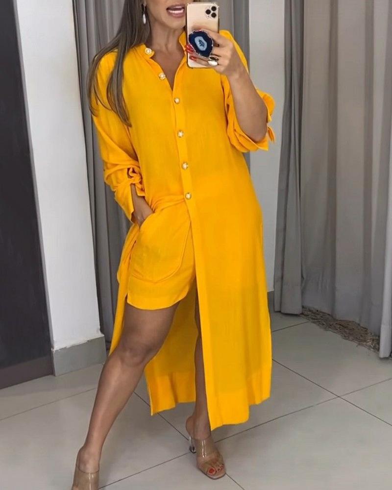 

Buttoned Long Shirt & Pocket Design Shorts Set, Yellow
