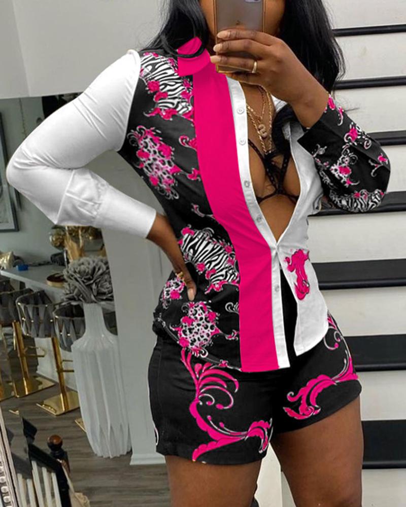 

Plus Size Baroque Print Button Down Shirt & Shorts Set, Hot pink