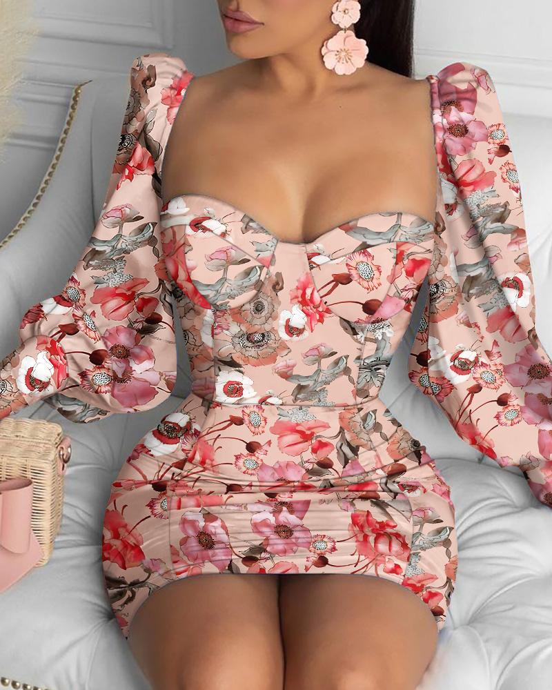 

Floral Print Square NeckLantern Sleeve Bodycon Dress, Pink