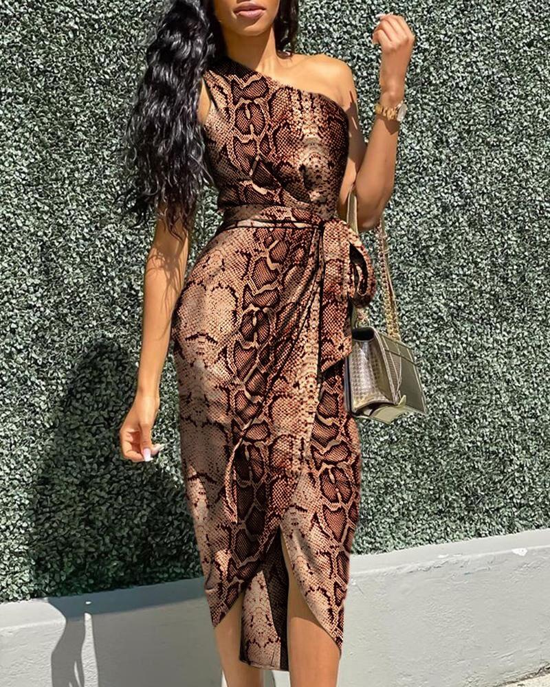 

One Shoulder Snakeskin Print Tied Detail Dress With Belt, Brown