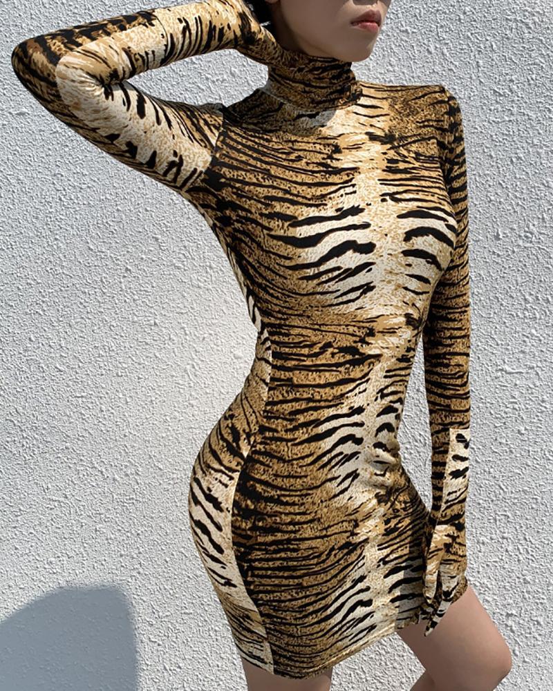 

Tiger Print Long Sleeve Bodycon Women Dress, Brown