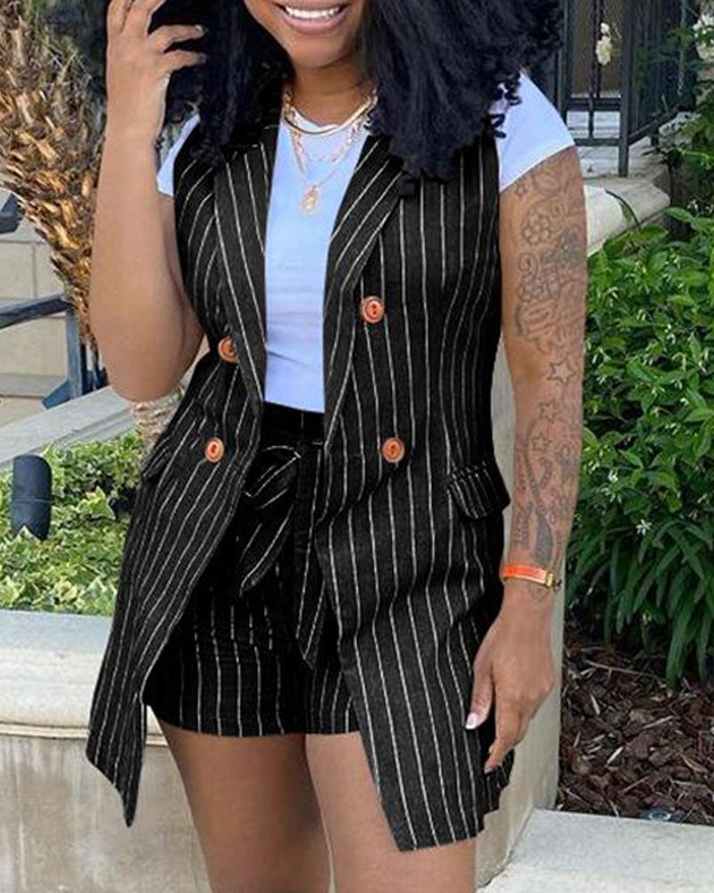 

Plus Size Striped Print Double Breasted Vest Blazer & Shorts Set, Black